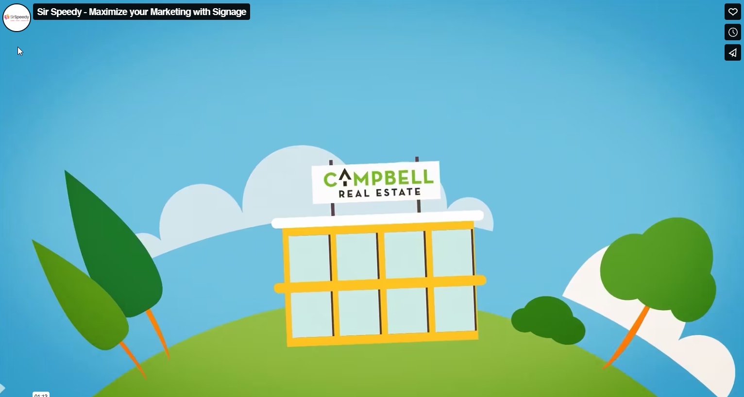Animated marketing video scene showing Campbell Real Estate building signage.
