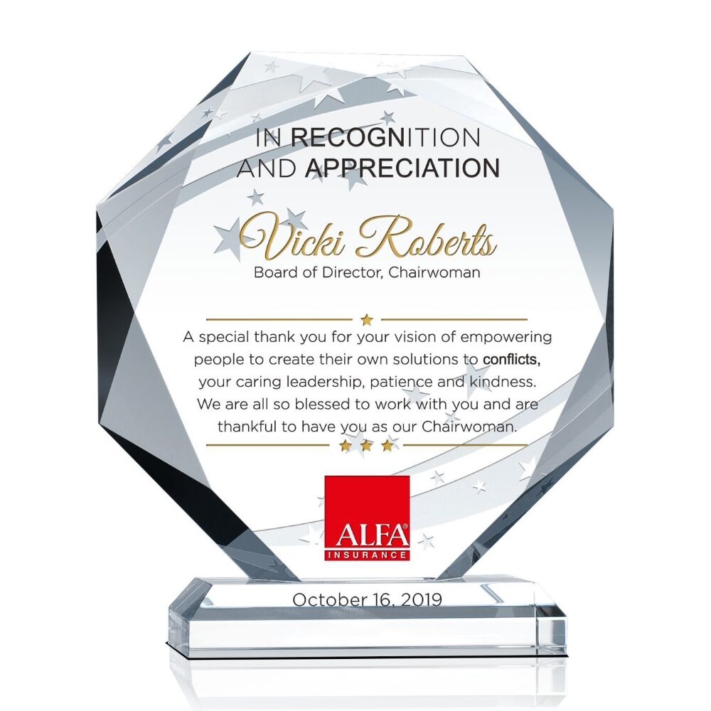 Recognition award for Vicki Roberts, Alfa Insurance chairwoman.