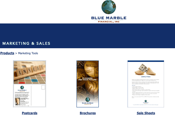 Blue Marble Financial marketing tools page showing postcards, brochures, and sale sheets.