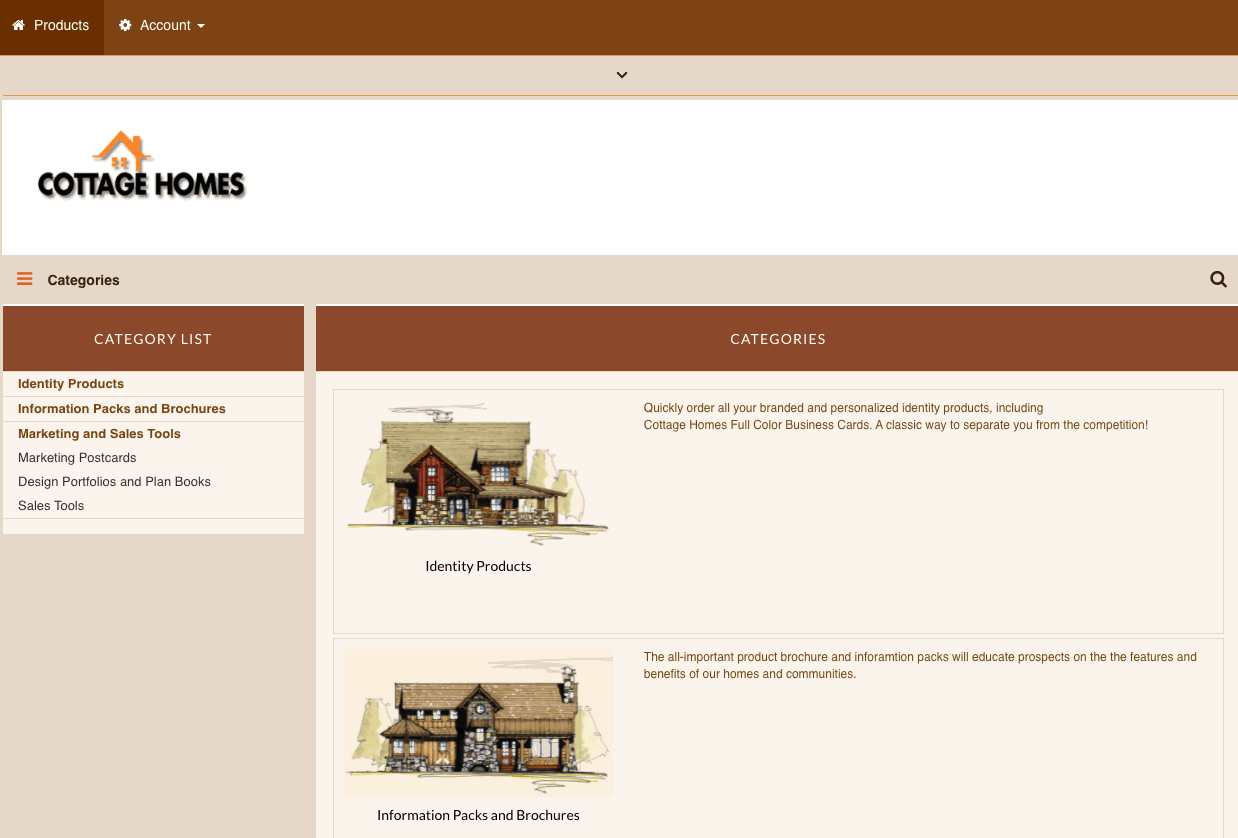 Cottage Homes product categories page featuring identity products and brochures.