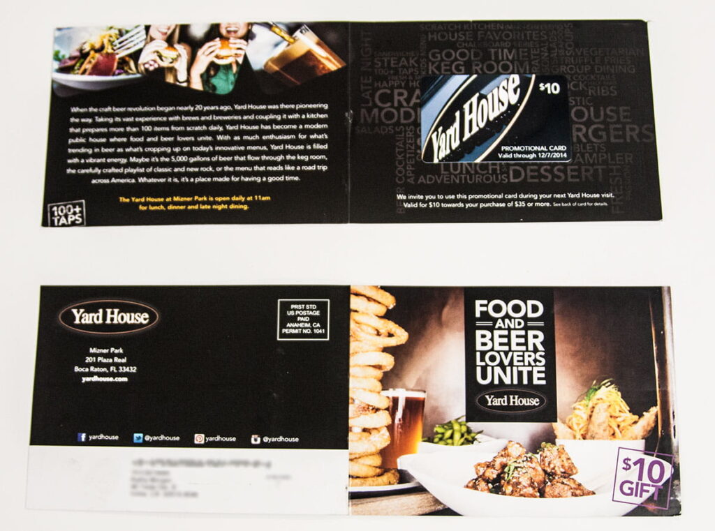 Yard House restaurant promotional gift card brochure with food images.