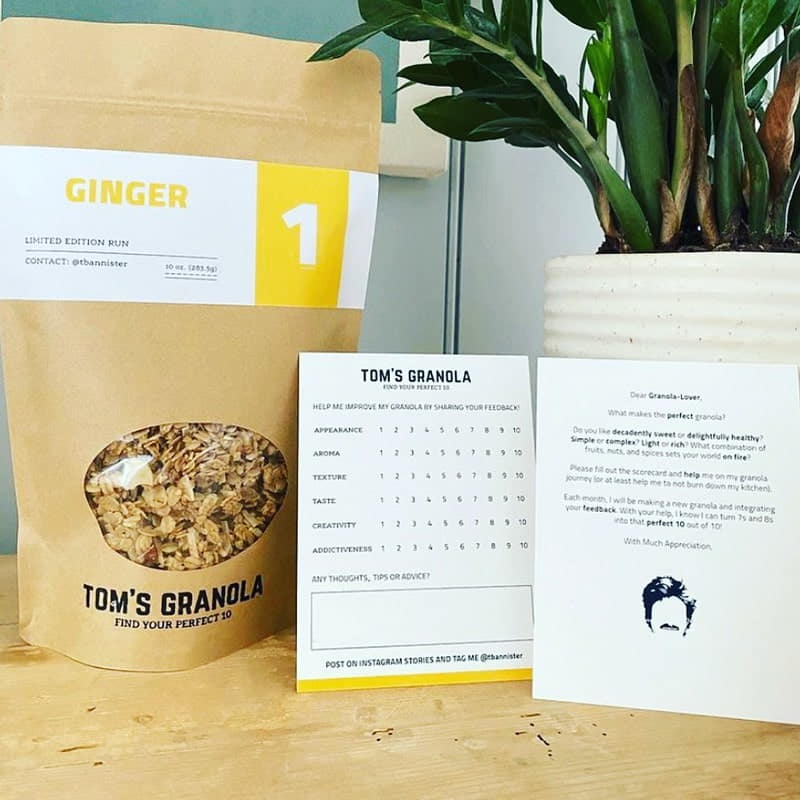 Tom’s Granola packaging with calendar and personalized printed note displayed.